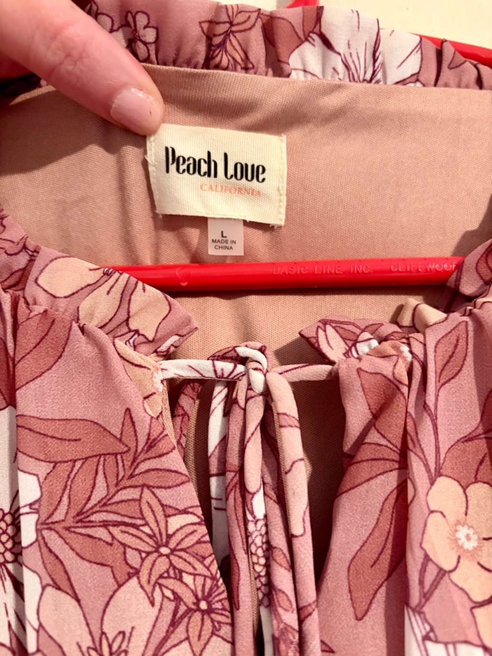 Peach Love California Floral Tie-Neck Elastic Waist Dress in Dusty Rose Sz Large - Picture 2 of 16